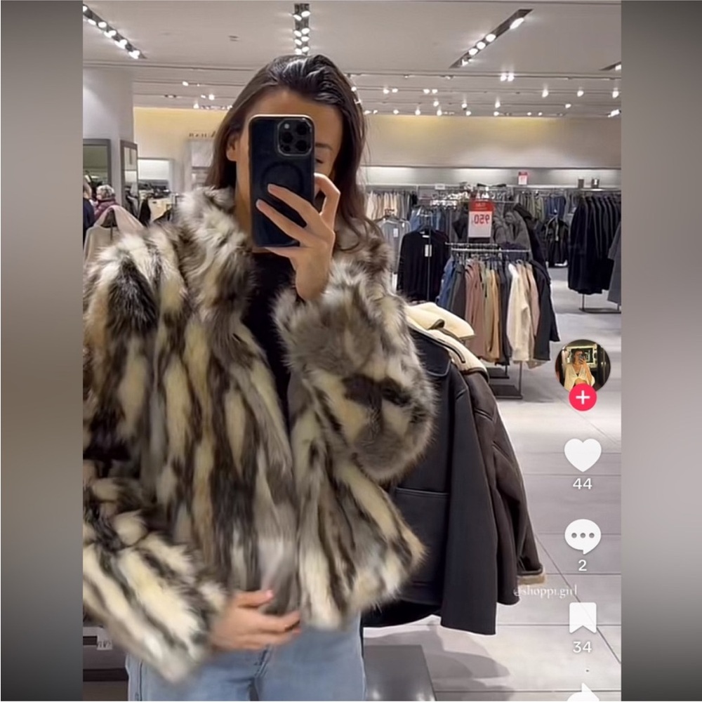 Zara Faux Fur Coat in White, Black and Brown - Picture 7 of 8